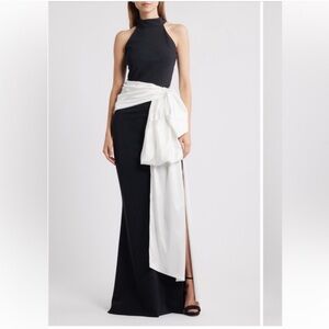 Chiara Boni Sarity Bow Sleeveless Gown Dress Maxi Black White 42 / US 6